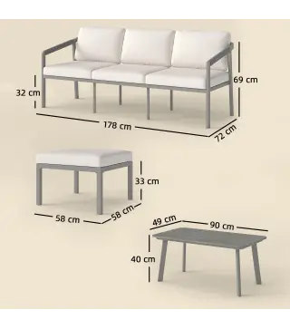 Conjunto de Jardín Exterior de 3 Piezas con Sofá de 3 Plazas Reposapiés Mesa de Centro y Cojines Marrón y Beige