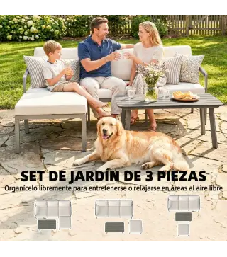 Conjunto de Jardín Exterior de 3 Piezas con Sofá de 3 Plazas Reposapiés Mesa de Centro y Cojines Marrón y Beige