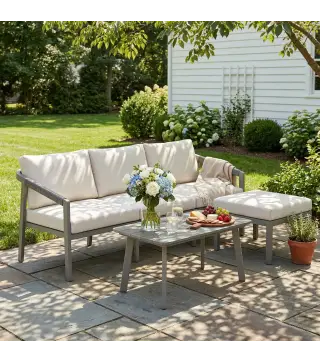 Conjunto de Jardín Exterior de 3 Piezas con Sofá de 3 Plazas Reposapiés Mesa de Centro y Cojines Marrón y Beige