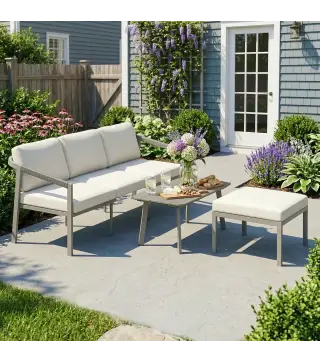 Conjunto de Jardín Exterior de 3 Piezas con Sofá de 3 Plazas Reposapiés Mesa de Centro y Cojines Marrón y Beige