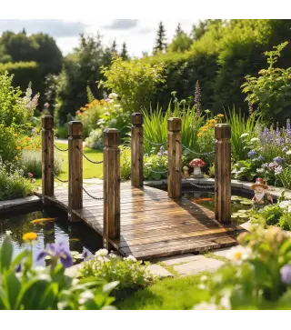 Puente de Jardín de Madera 1,51 m Puente Decorativo para Estanques Rústico con Barandillas de Seguridad Carbonizado