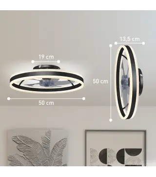 Ventilador de Techo con Luz LED 6 Velocidades Motor Reversible y Control Remoto Potencia 45W Ø50x13,5 cm Negro