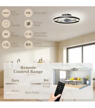 Ventilador de Techo con Luz LED 6 Velocidades Motor Reversible y Control Remoto Potencia 45W Ø50x13,5 cm Negro