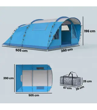 Tienda de Campaña Familiar Tipo Túnel para 4 Personas con 3 Habitaciones Puerta 4 Ventanas Impermeable Fácil Montaje