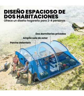 Tienda de Campaña Familiar Tipo Túnel para 4 Personas con 3 Habitaciones Puerta 4 Ventanas Impermeable Fácil Montaje