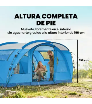 Tienda de Campaña Familiar Tipo Túnel para 4 Personas con 3 Habitaciones Puerta 4 Ventanas Impermeable Fácil Montaje