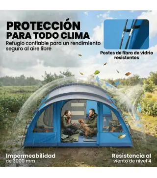 Tienda de Campaña Familiar Tipo Túnel para 4 Personas con 3 Habitaciones Puerta 4 Ventanas Impermeable Fácil Montaje