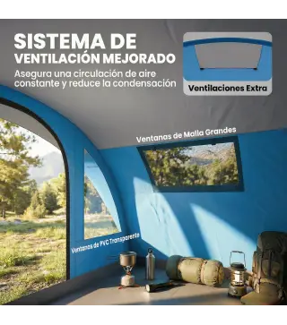 Tienda de Campaña Familiar Tipo Túnel para 4 Personas con 3 Habitaciones Puerta 4 Ventanas Impermeable Fácil Montaje