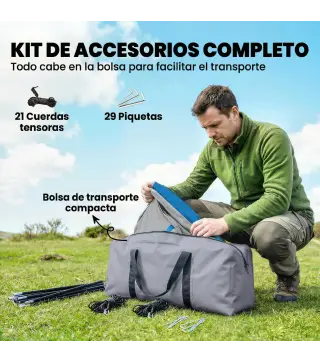 Tienda de Campaña Familiar Tipo Túnel para 4 Personas con 3 Habitaciones Puerta 4 Ventanas Impermeable Fácil Montaje