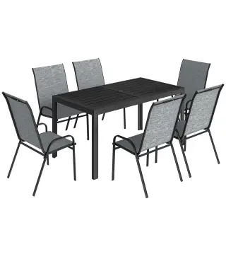 Conjunto de Mesa y Sillas Jardín con Mesa Metálica con Agujero y 6 Sillas Apilables Transpirables para Terraza Gris