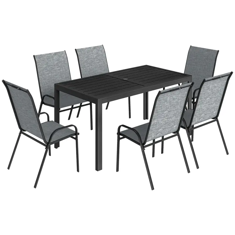 Conjunto de Mesa y Sillas Jardín con Mesa Metálica con Agujero y 6 Sillas Apilables Transpirables para Terraza Gris