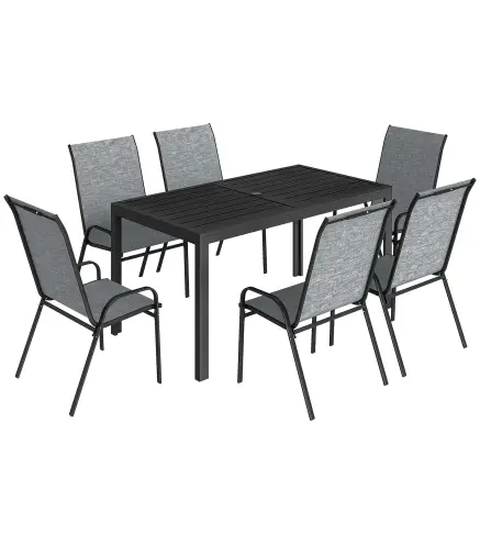 Conjunto de Mesa y Sillas Jardín con Mesa Metálica con Agujero y 6 Sillas Apilables Transpirables para Terraza Gris