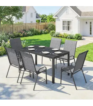 Conjunto de Mesa y Sillas Jardín con Mesa Metálica con Agujero y 6 Sillas Apilables Transpirables para Terraza Gris