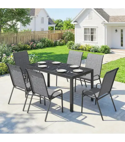 Conjunto de Mesa y Sillas Jardín con Mesa Metálica con Agujero y 6 Sillas Apilables Transpirables para Terraza Gris