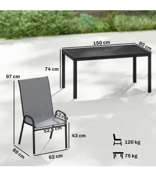 Conjunto de Mesa y Sillas Jardín con Mesa Metálica con Agujero y 6 Sillas Apilables Transpirables para Terraza Gris