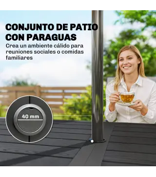 Conjunto de Mesa y Sillas Jardín con Mesa Metálica con Agujero y 6 Sillas Apilables Transpirables para Terraza Gris