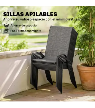 Conjunto de Mesa y Sillas Jardín con Mesa Metálica con Agujero y 6 Sillas Apilables Transpirables para Terraza Gris