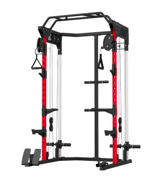 Jaula de Potencia Smith Machine, Rack para Sentadillas con Sistema Polea Ajustable Barra Dominadas y Estación de Fondos