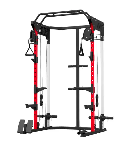 Jaula de Potencia Smith Machine, Rack para Sentadillas con Sistema Polea Ajustable Barra Dominadas y Estación de Fondos