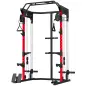 Jaula de Potencia Smith Machine, Rack para Sentadillas con Sistema Polea Ajustable Barra Dominadas y Estación de Fondos