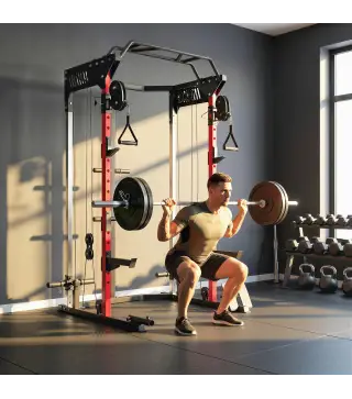 Jaula de Potencia Rack para Sentadillas con Sistema Polea Ajustable Barra Dominadas y Estación de Fondos