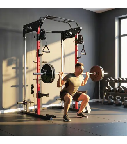 Jaula de Potencia Rack para Sentadillas con Sistema Polea Ajustable Barra Dominadas y Estación de Fondos