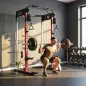 Jaula de Potencia Smith Machine, Rack para Sentadillas con Sistema Polea Ajustable Barra Dominadas y Estación de Fondos