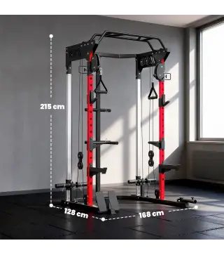 Jaula de Potencia Smith Machine, Rack para Sentadillas con Sistema Polea Ajustable Barra Dominadas y Estación de Fondos