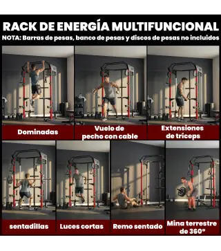 Jaula de Potencia Smith Machine, Rack para Sentadillas con Sistema Polea Ajustable Barra Dominadas y Estación de Fondos