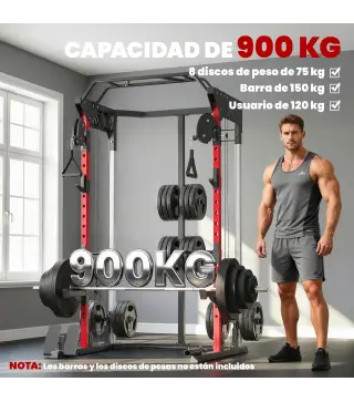Jaula de Potencia Smith Machine, Rack para Sentadillas con Sistema Polea Ajustable Barra Dominadas y Estación de Fondos