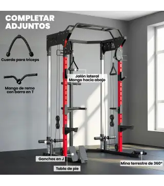 Jaula de Potencia Smith Machine, Rack para Sentadillas con Sistema Polea Ajustable Barra Dominadas y Estación de Fondos