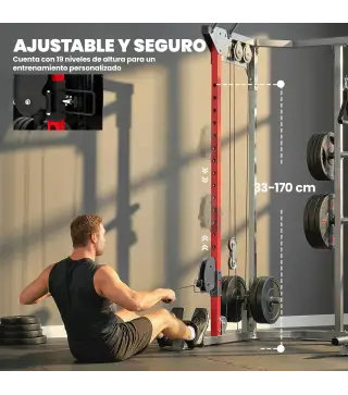 Jaula de Potencia Smith Machine, Rack para Sentadillas con Sistema Polea Ajustable Barra Dominadas y Estación de Fondos