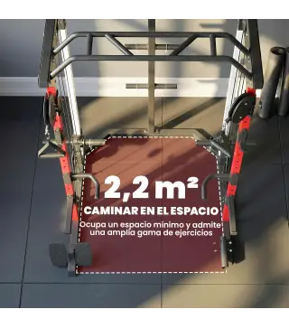 Jaula de Potencia Smith Machine, Rack para Sentadillas con Sistema Polea Ajustable Barra Dominadas y Estación de Fondos