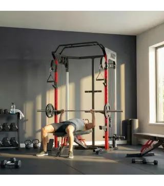 Jaula de Potencia Smith Machine, Rack para Sentadillas con Sistema Polea Ajustable Barra Dominadas y Estación de Fondos