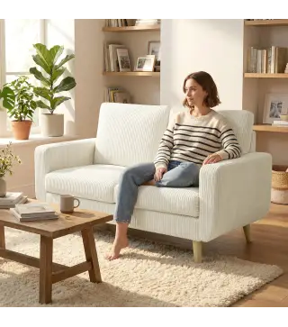 Sofá de 2 Plazas de Pana 134 cm con Patas de Madera Respaldo Grueso Sofá Moderno para Salón Dormitorio Crema