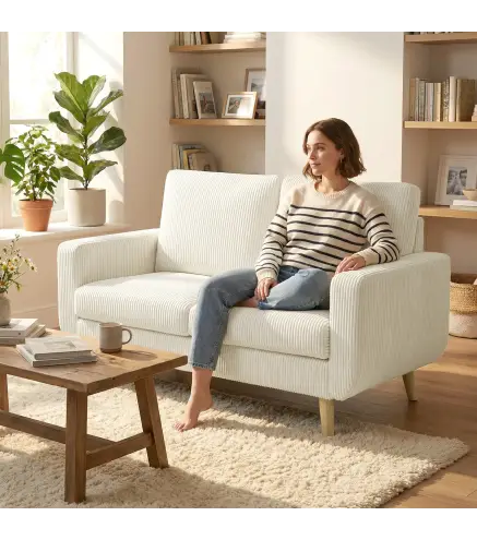 Sofá de 2 Plazas de Pana 134 cm con Patas de Madera Respaldo Grueso Sofá Moderno para Salón Dormitorio Crema