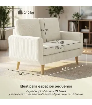 Sofá de 2 Plazas de Pana 134 cm con Patas de Madera Respaldo Grueso Sofá Moderno para Salón Dormitorio Crema