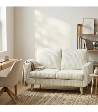 Sofá de 2 Plazas de Pana 134 cm con Patas de Madera Respaldo Grueso Sofá Moderno para Salón Dormitorio Crema