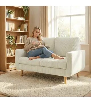 Sofá de 2 Plazas de Pana 134 cm con Patas de Madera Respaldo Grueso Sofá Moderno para Salón Dormitorio Crema