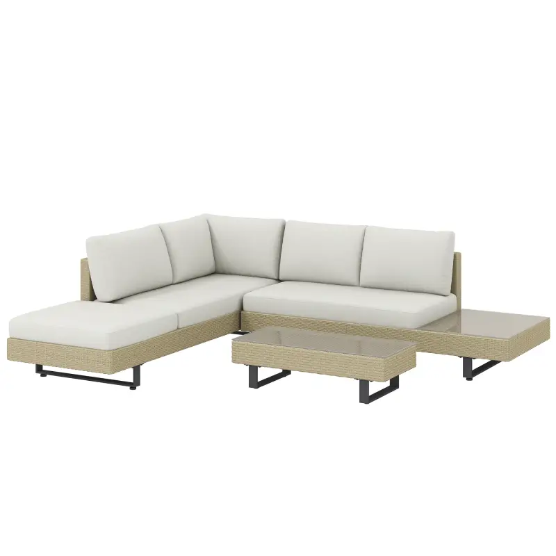 Conjunto de Jardín Exterior de Ratán de 3 Piezas con Sofá Modular de 3 y 2 Plazas Mesa Lateral Mesa de Centro Cojines