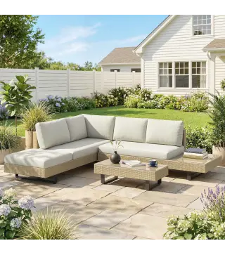 Conjunto de Jardín Exterior de Ratán de 3 Piezas con Sofá Modular de 3 y 2 Plazas Mesa Lateral Mesa de Centro Cojines