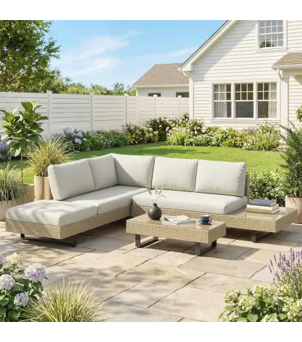 Conjunto de Jardín Exterior de Ratán de 3 Piezas con Sofá Modular de 3 y 2 Plazas Mesa Lateral Mesa de Centro Cojines