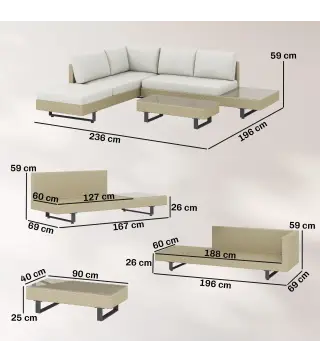 Conjunto de Jardín Exterior de Ratán de 3 Piezas con Sofá Modular de 3 y 2 Plazas Mesa Lateral Mesa de Centro Cojines