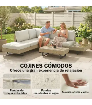 Conjunto de Jardín Exterior de Ratán de 3 Piezas con Sofá Modular de 3 y 2 Plazas Mesa Lateral Mesa de Centro Cojines