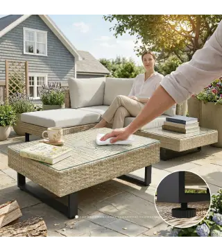 Conjunto de Jardín Exterior de Ratán de 3 Piezas con Sofá Modular de 3 y 2 Plazas Mesa Lateral Mesa de Centro Cojines