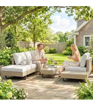 Conjunto de Jardín Exterior de Ratán de 3 Piezas con Sofá Modular de 3 y 2 Plazas Mesa Lateral Mesa de Centro Cojines