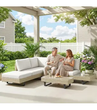 Conjunto de Jardín Exterior de Ratán de 3 Piezas con Sofá Modular de 3 y 2 Plazas Mesa Lateral Mesa de Centro Cojines