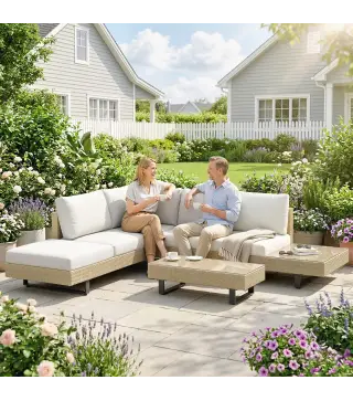 Conjunto de Jardín Exterior de Ratán de 3 Piezas con Sofá Modular de 3 y 2 Plazas Mesa Lateral Mesa de Centro Cojines