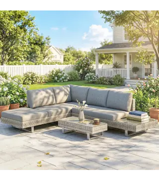 Conjunto de Jardín Exterior de Ratán de 3 Piezas con Sofá Modular de 3 y 2 Plazas Mesa Lateral Mesa de Centro Cojines