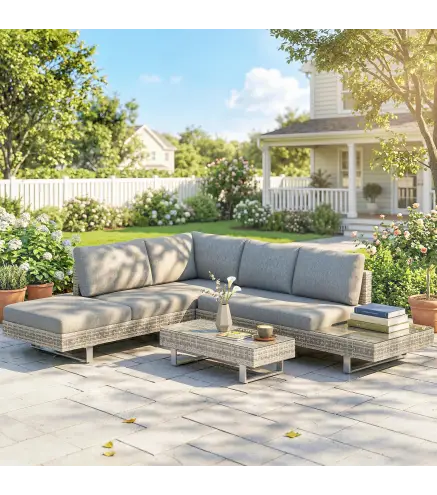 Conjunto de Jardín Exterior de Ratán de 3 Piezas con Sofá Modular de 3 y 2 Plazas Mesa Lateral Mesa de Centro Cojines